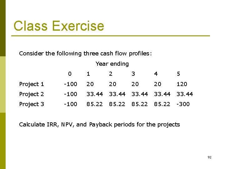 Class Exercise Consider the following three cash flow profiles: Year ending 0 1 2