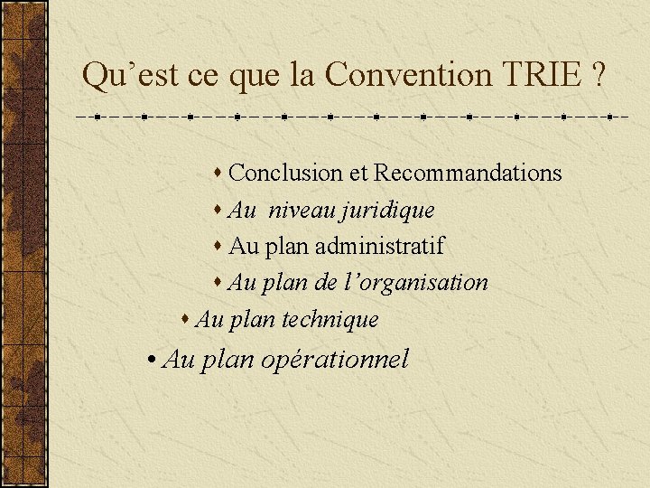 Qu’est ce que la Convention TRIE ? s Conclusion et Recommandations s Au niveau