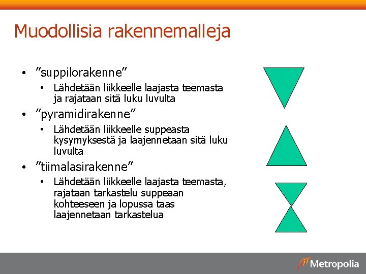 Muodollisia rakennemalleja • ”suppilorakenne” • Lähdetään liikkeelle laajasta teemasta ja rajataan sitä luku luvulta