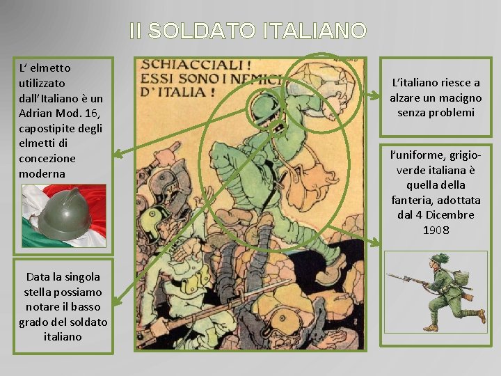 Il SOLDATO ITALIANO L’ elmetto utilizzato dall’Italiano è un Adrian Mod. 16, capostipite degli