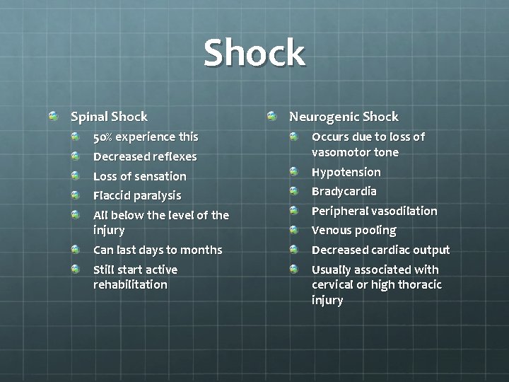 Shock Spinal Shock 50% experience this Decreased reflexes Loss of sensation Flaccid paralysis All