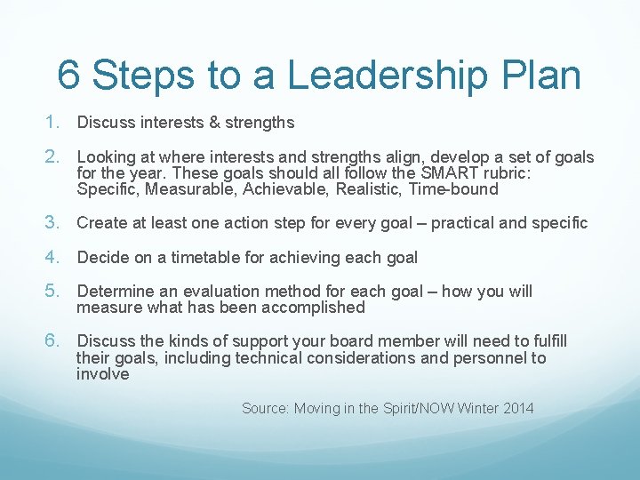 6 Steps to a Leadership Plan 1. Discuss interests & strengths 2. Looking at