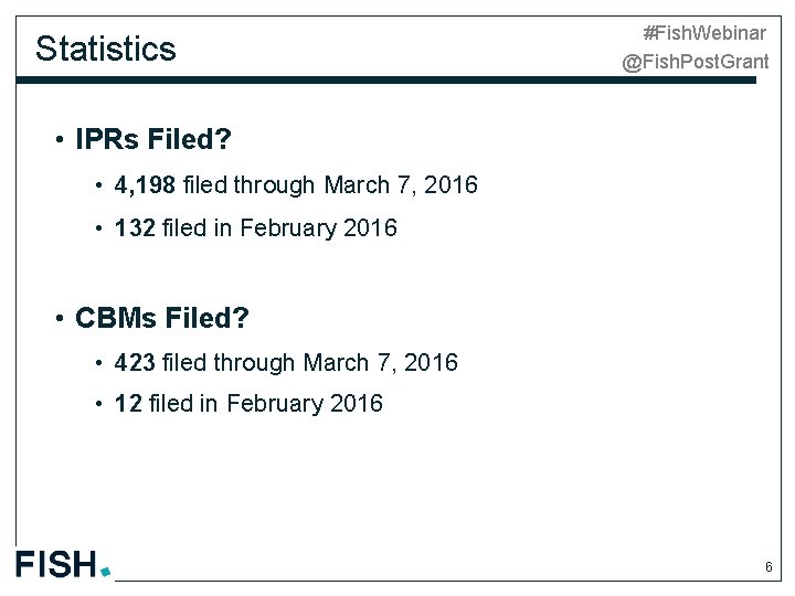 Statistics #Fish. Webinar @Fish. Post. Grant • IPRs Filed? • 4, 198 filed through
