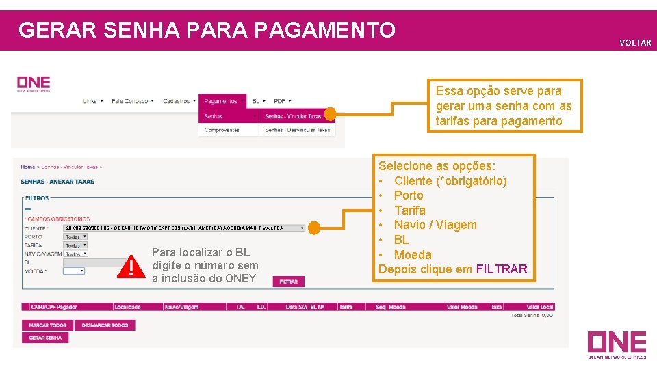 GERAR SENHA PARA PAGAMENTO VOLTAR Essa opção serve para gerar uma senha com as