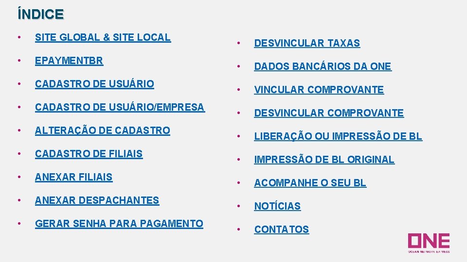 ÍNDICE • SITE GLOBAL & SITE LOCAL • EPAYMENTBR • CADASTRO DE USUÁRIO/EMPRESA •
