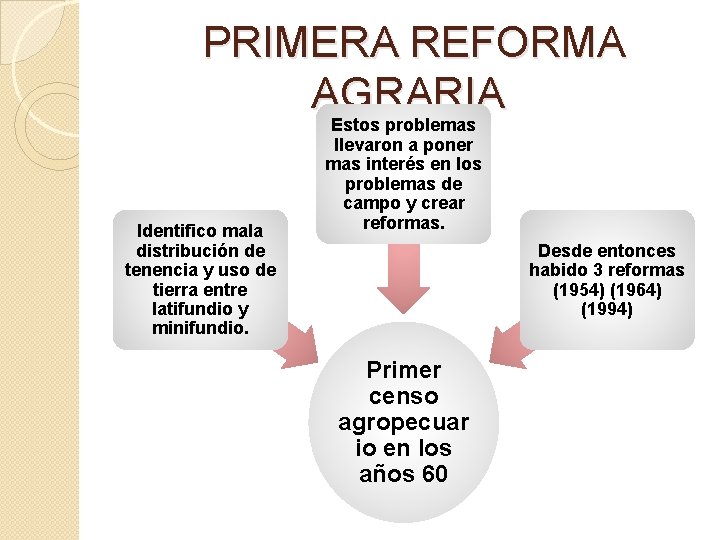 PRIMERA REFORMA AGRARIA Estos problemas Identifico mala distribución de tenencia y uso de tierra