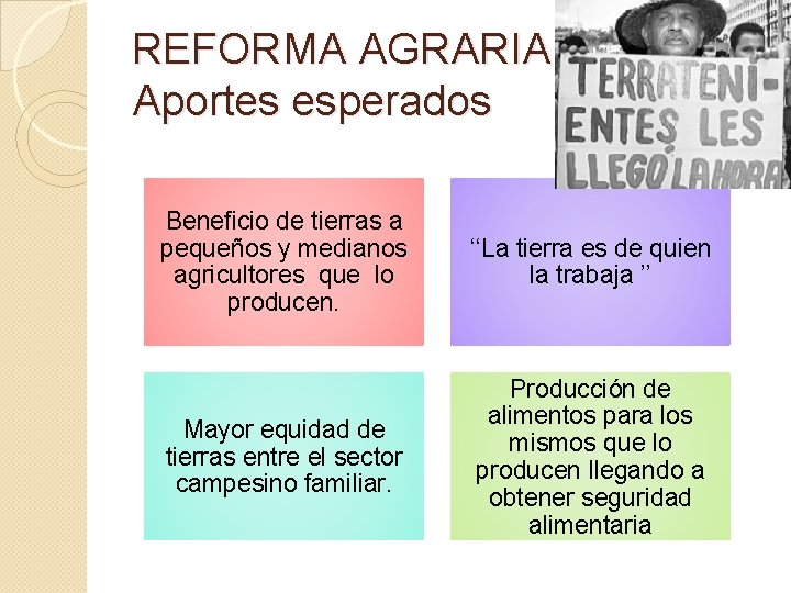 REFORMA AGRARIA Aportes esperados Beneficio de tierras a pequeños y medianos agricultores que lo