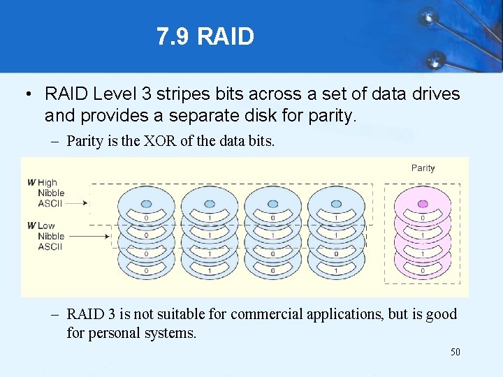 7. 9 RAID • RAID Level 3 stripes bits across a set of data