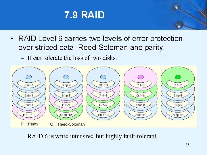 7. 9 RAID • RAID Level 6 carries two levels of error protection over