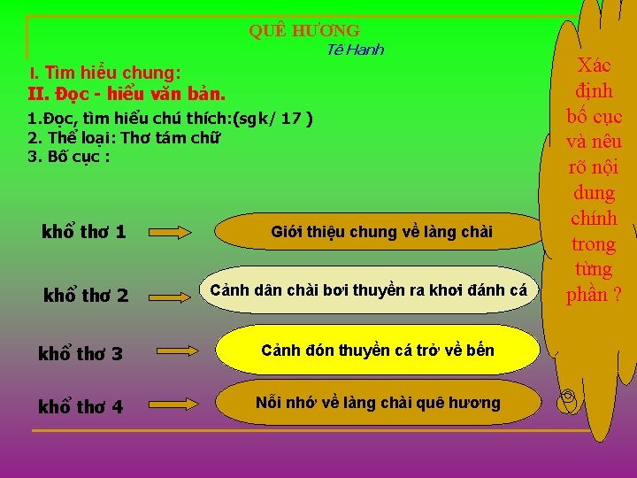 QUÊ HƯƠNG Tế Hanh I. Tìm hiểu chung: II. Đọc - hiểu văn bản.