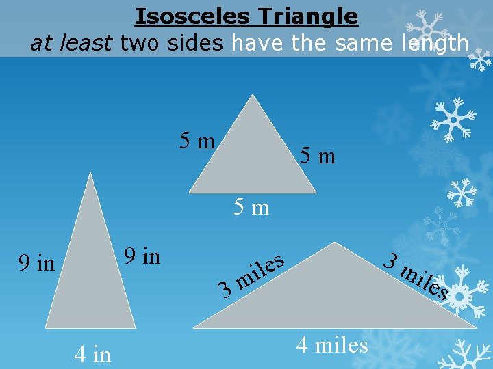 Isosceles Triangle at least two sides have the same length 5 m 5 m