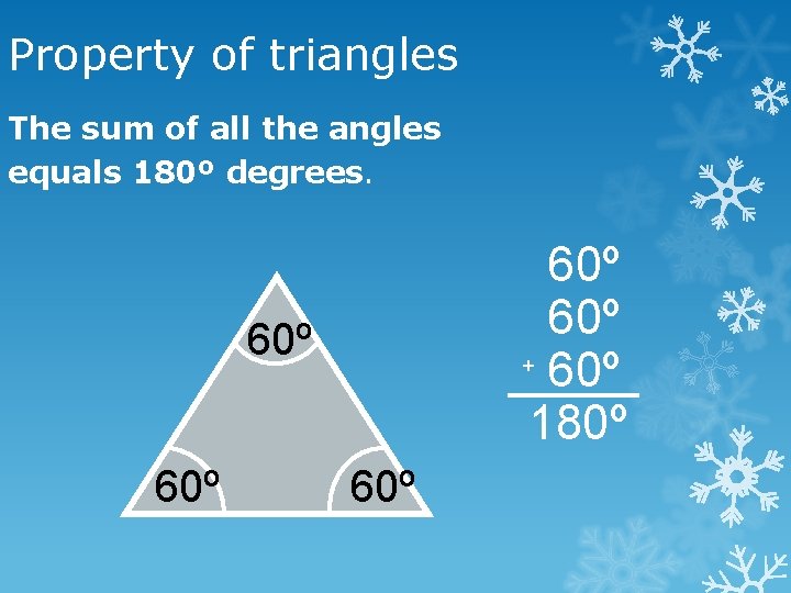 Property of triangles The sum of all the angles equals 180º degrees. 60º +