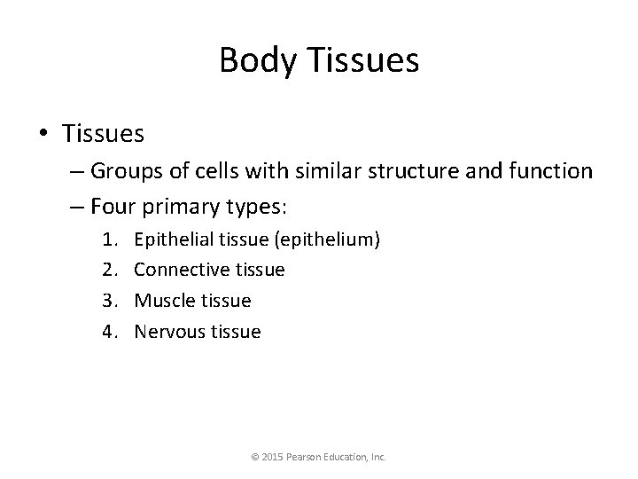 Body Tissues • Tissues – Groups of cells with similar structure and function –