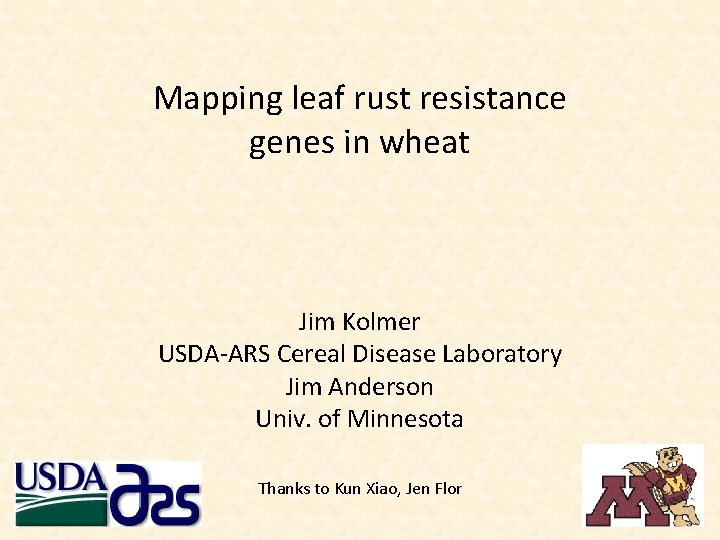 Mapping leaf rust resistance genes in wheat Jim Kolmer USDA-ARS Cereal Disease Laboratory Jim