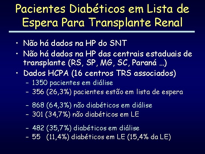 Pacientes Diabéticos em Lista de Espera Para Transplante Renal • Não há dados na