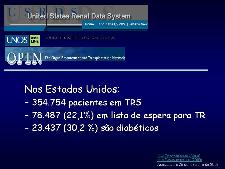 Nos Estados Unidos: – 354. 754 pacientes em TRS – 78. 487 (22, 1%)