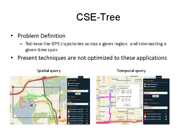 CSE-Tree • Problem Definition – Retrieve the GPS trajectories across a given region and