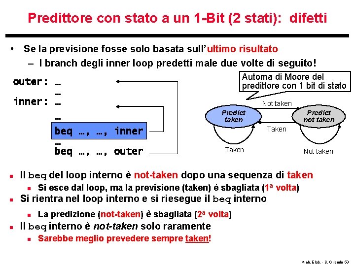 Predittore con stato a un 1 -Bit (2 stati): difetti • Se la previsione