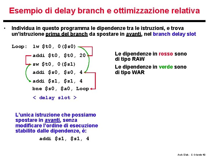 Esempio di delay branch e ottimizzazione relativa • Individua in questo programma le dipendenze