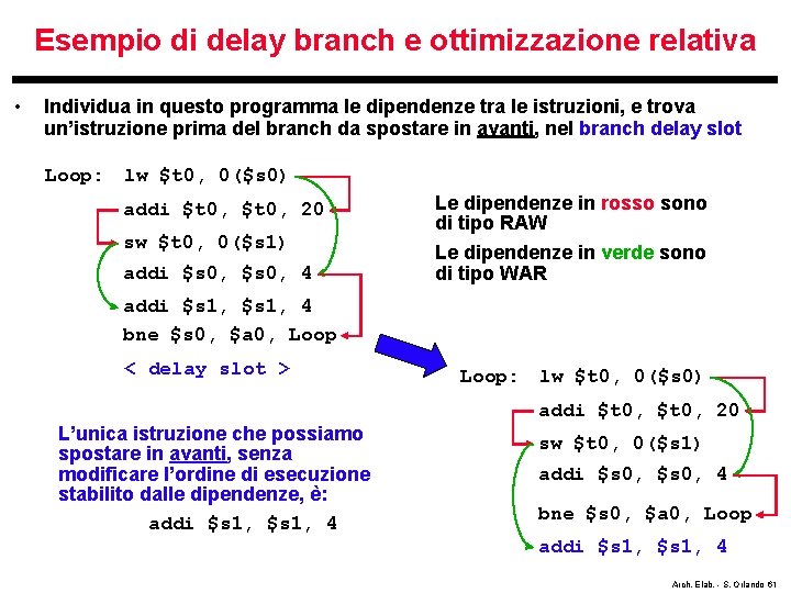 Esempio di delay branch e ottimizzazione relativa • Individua in questo programma le dipendenze