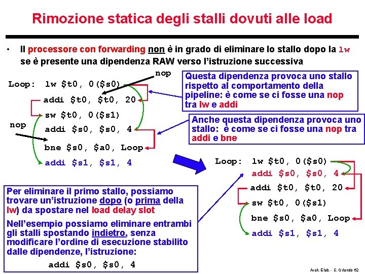 Rimozione statica degli stalli dovuti alle load • Il processore con forwarding non è