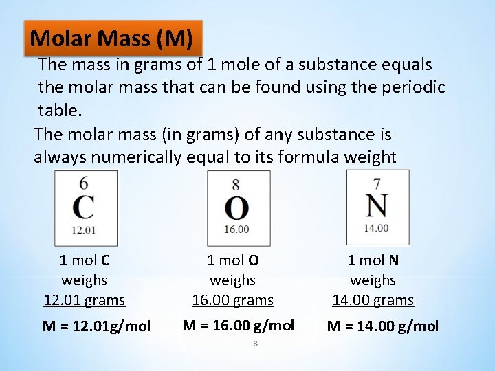 Molar Mass (M) The mass in grams of 1 mole of a substance equals