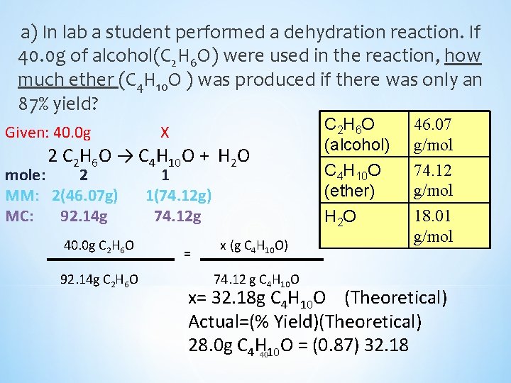 a) In lab a student performed a dehydration reaction. If 40. 0 g of