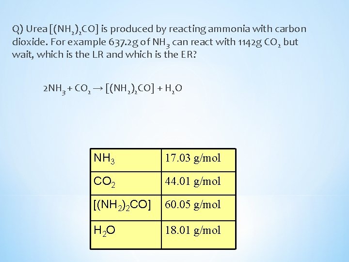 Q) Urea [(NH 2)2 CO] is produced by reacting ammonia with carbon dioxide. For