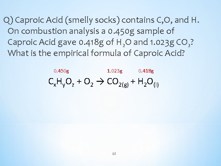 Q) Caproic Acid (smelly socks) contains C, O, and H. On combustion analysis a