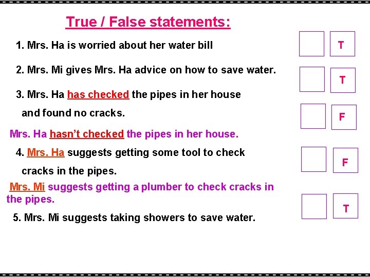 True / False statements: 1. Mrs. Ha is worried about her water bill 2.