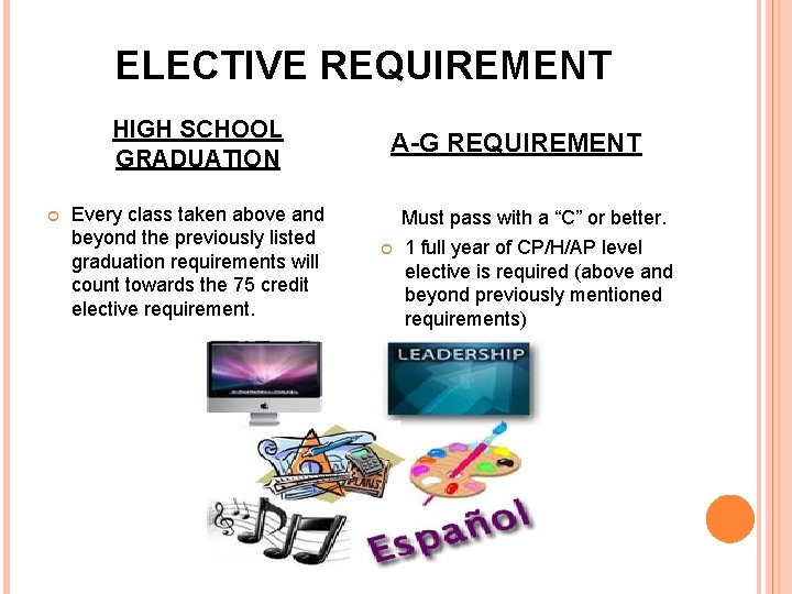 ELECTIVE REQUIREMENT HIGH SCHOOL GRADUATION Every class taken above and beyond the previously listed