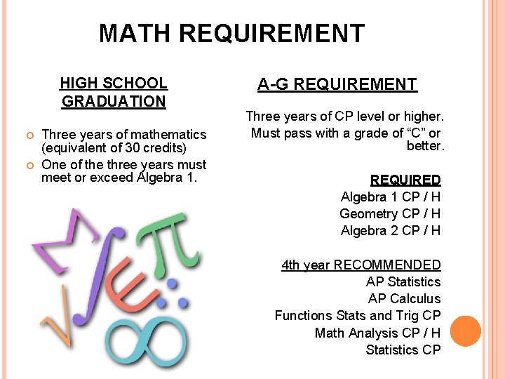 MATH REQUIREMENT HIGH SCHOOL GRADUATION Three years of mathematics (equivalent of 30 credits) One