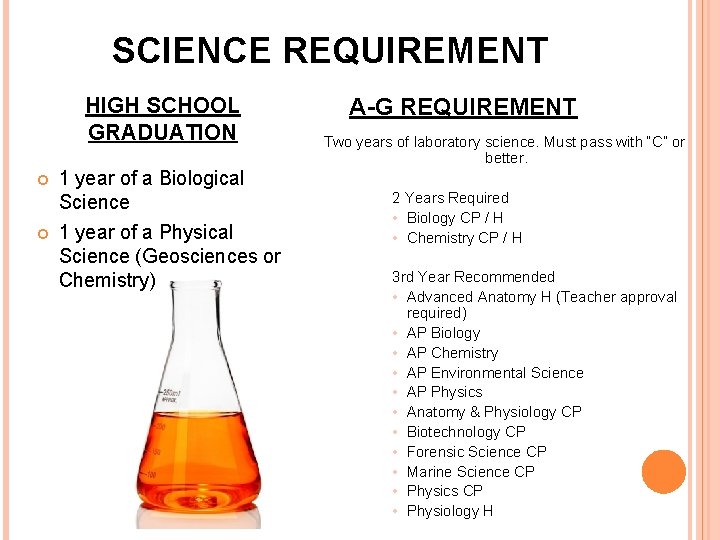 SCIENCE REQUIREMENT HIGH SCHOOL GRADUATION 1 year of a Biological Science 1 year of