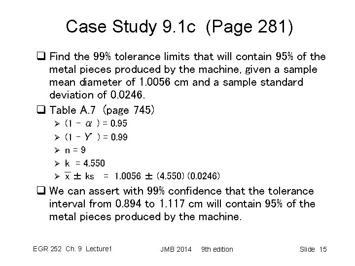 Case Study 9. 1 c (Page 281) q Find the 99% tolerance limits that