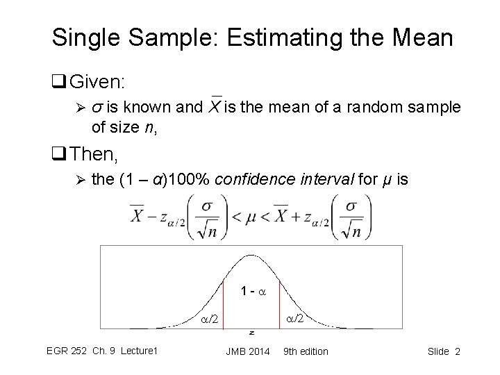 Single Sample: Estimating the Mean q Given: Ø σ is known and X is
