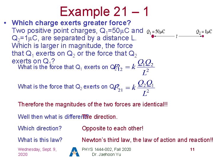 Example 21 – 1 • Which charge exerts greater force? Two positive point charges,