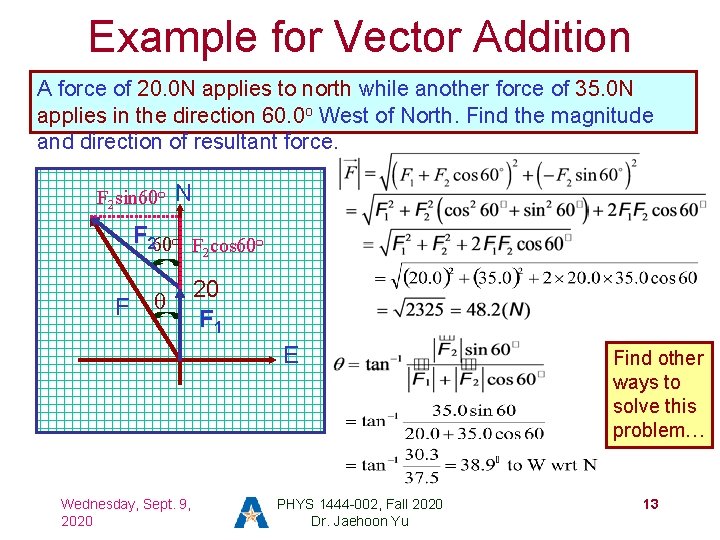 Example for Vector Addition A force of 20. 0 N applies to north while