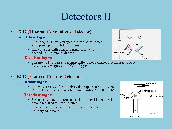 Detectors II • TCD (Thermal Conductivity Detector) – Advantages: • The sample is not