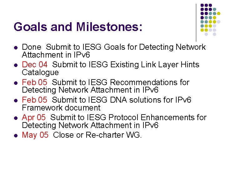Goals and Milestones: l l l Done Submit to IESG Goals for Detecting Network