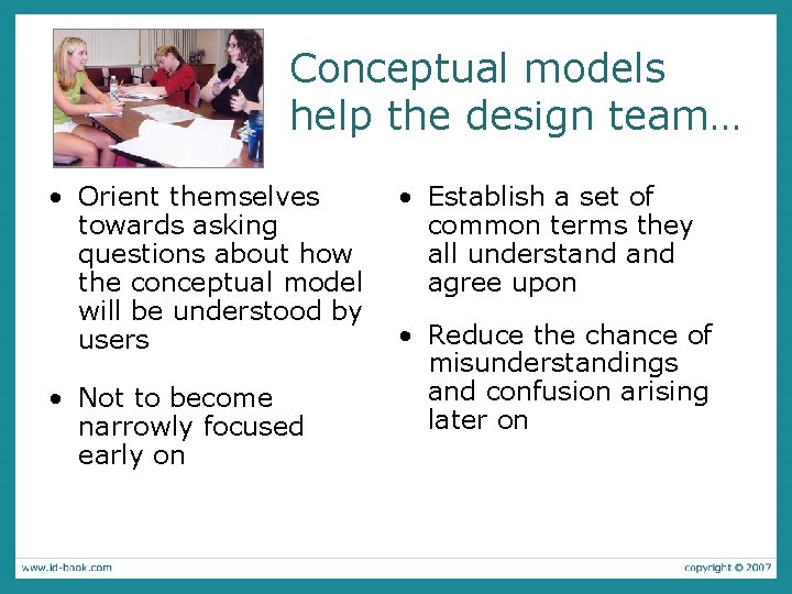 Conceptual models help the design team… • Orient themselves towards asking questions about how