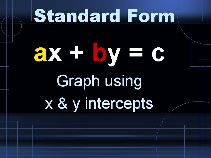 Standard Form ax + by = c Graph using x & y intercepts 