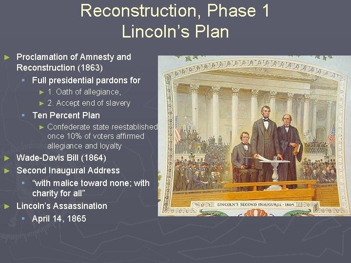 Reconstruction, Phase 1 Lincoln’s Plan ► Proclamation of Amnesty and Reconstruction (1863) § Full