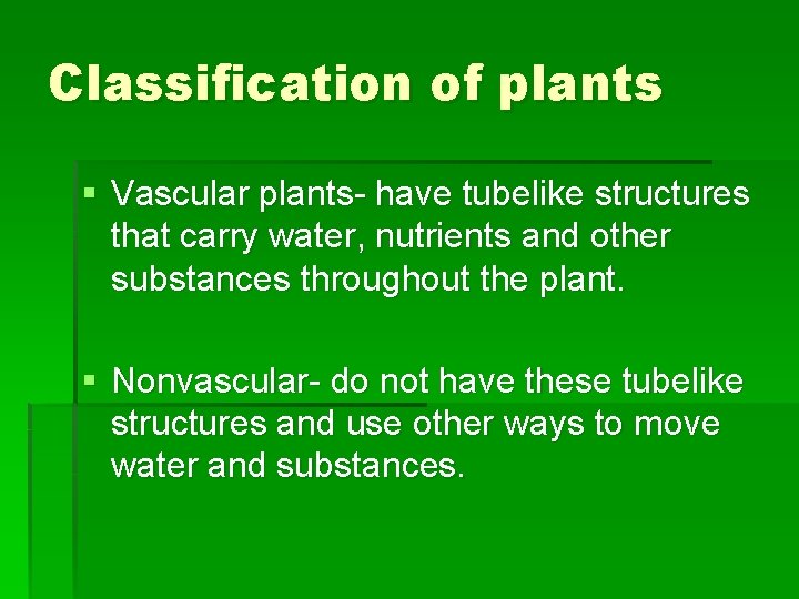 Classification of plants § Vascular plants- have tubelike structures that carry water, nutrients and