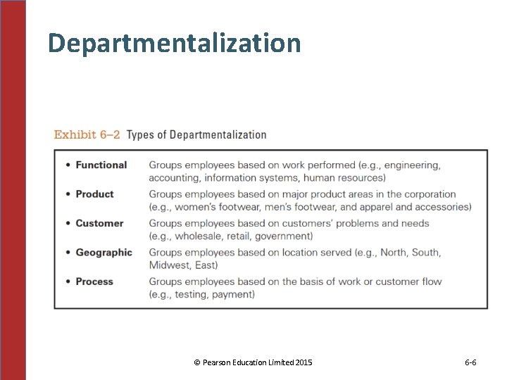 Departmentalization © Pearson Education Limited 2015 6 -6 