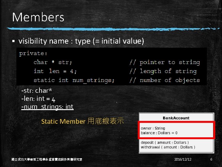 Members § visibility name : type (= initial value) -str: char* -len: int =