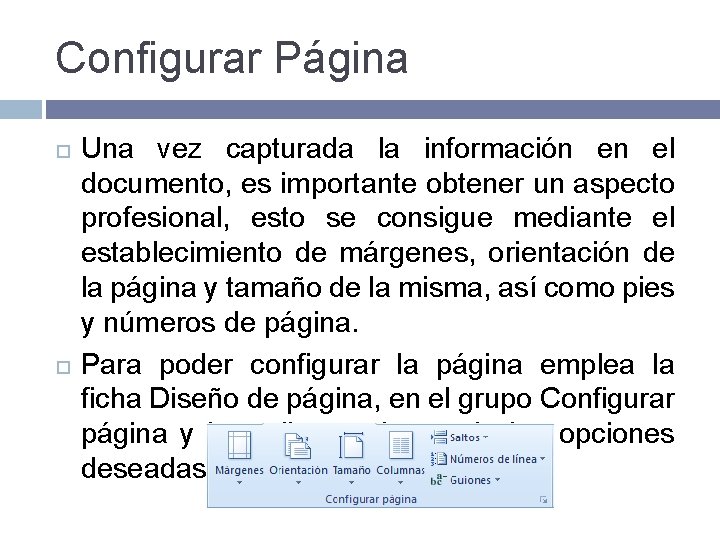 Configurar Página Una vez capturada la información en el documento, es importante obtener un