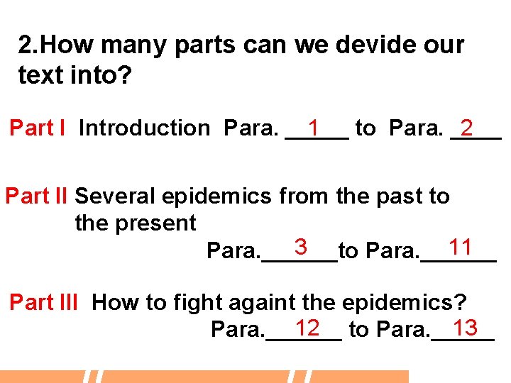 2. How many parts can we devide our text into? Part I Introduction Para.