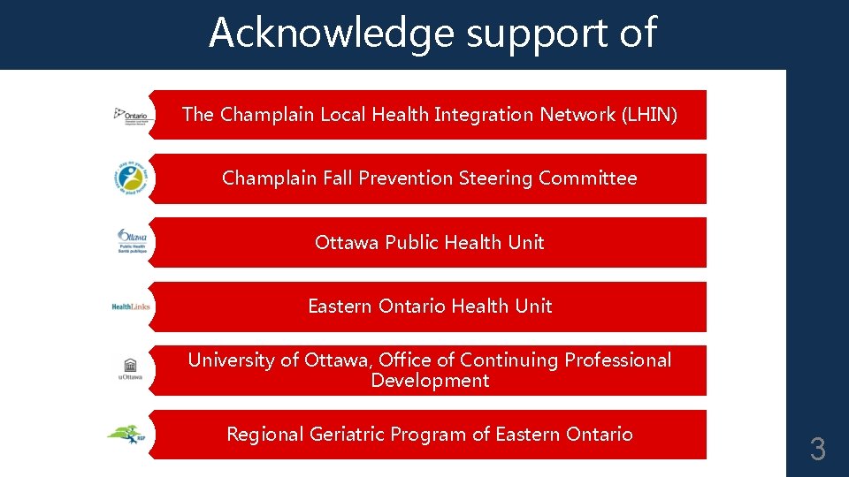 Acknowledge support of The Champlain Local Health Integration Network (LHIN) Champlain Fall Prevention Steering