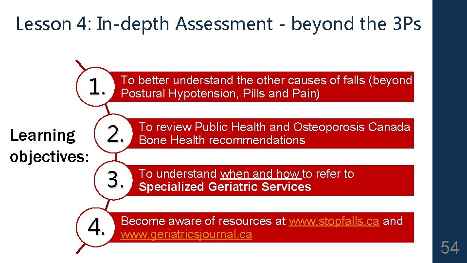 Lesson 4: In-depth Assessment - beyond the 3 Ps 1. Learning objectives: To better