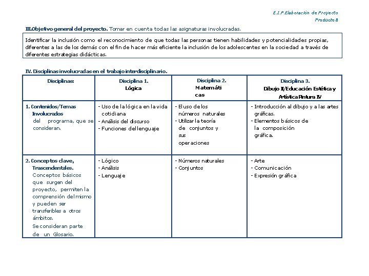 E. I. P. Elaboración de Proyecto Producto 8 III. Objetivo general del proyecto. Tomar